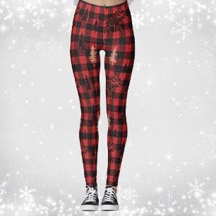 Red Black Plaid Tartan Moose Cabin Country Leggings