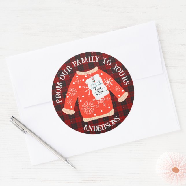 Red Black Plaid Ugly Sweater Cute Merry Christmas Classic Round Sticker (Envelope)