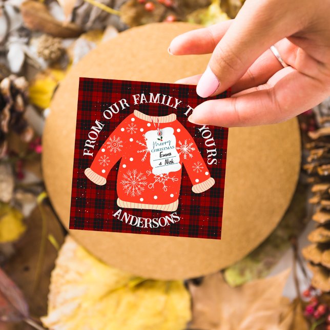 Red Black Plaid Ugly Sweater Cute Merry Christmas Classic Round Sticker (Red Black Plaid Ugly Sweater Cute Merry Christmas Classic Round Sticker)