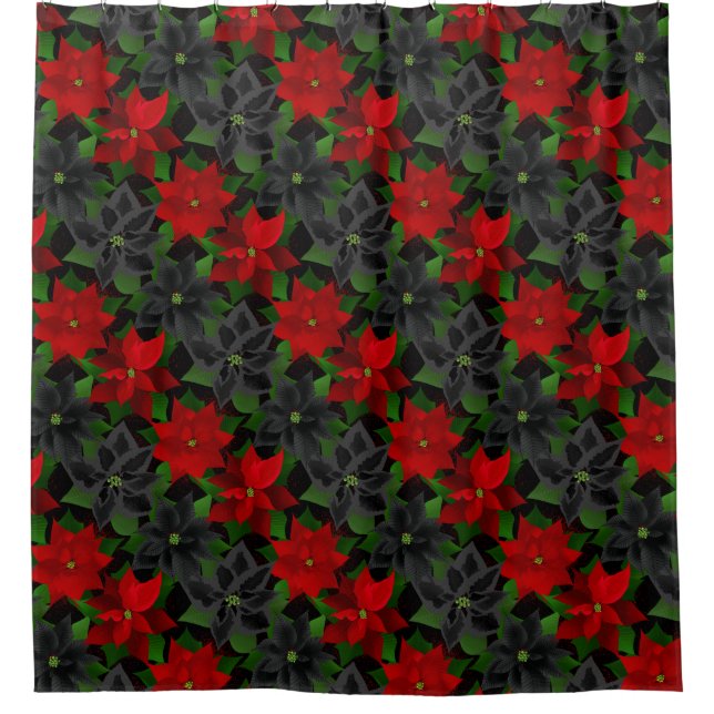 Red Black Poinsettias Goth Chrstimas Shower Curtain (Front)