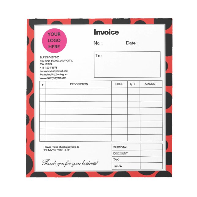 Red Black Polka Dot Company Business Shop Invoice Notepad (Front)