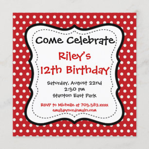 Red Black Polka Dots Birthday Party Invitations