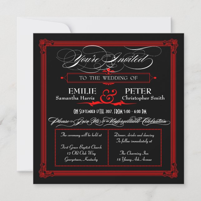 Red & Black Poster Style Wedding Invitations (Front)
