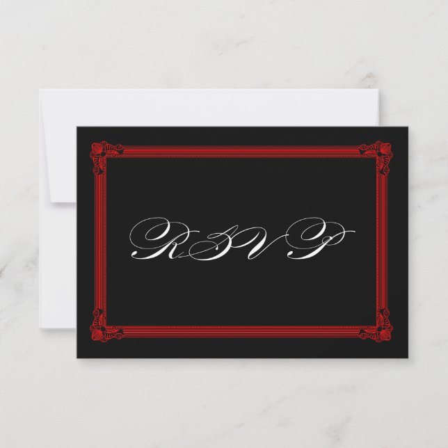 Red & Black Poster Style Wedding RSVP Cards (Front)