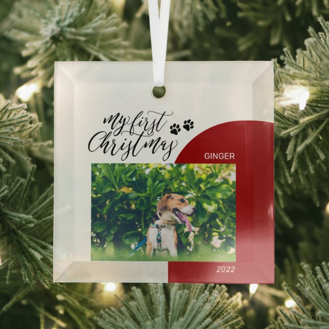 Red & Black Puppy Paw Pet First Christmas Photo Glass Tree Decoration (Insitu)