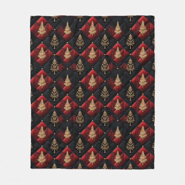  Red Black Quilt Squares Gold Christmas Trees Fleece Blanket (Front)