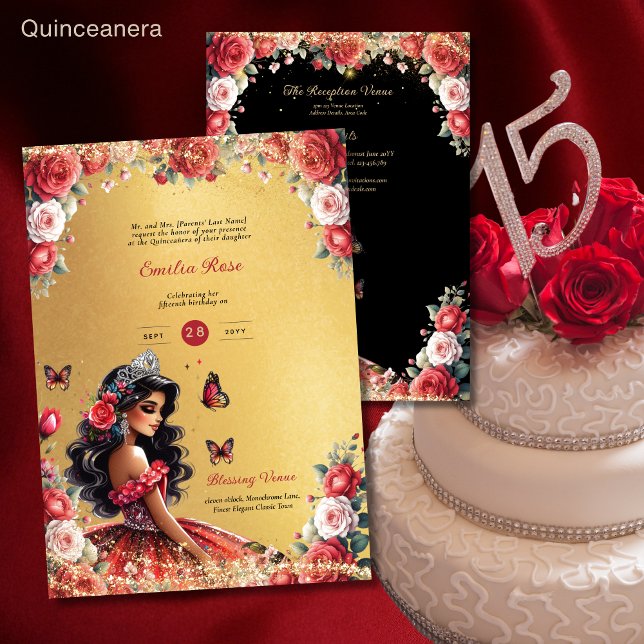 Red Black Quinceanera Dress Floral Butterflies Invitation (Creator Uploaded)