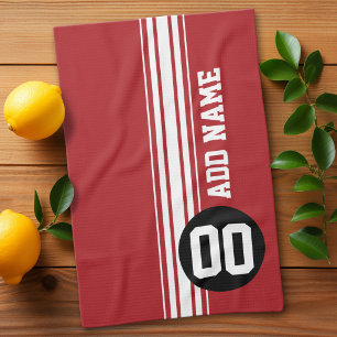 Red Black Racing Stripes Custom Name Number Tea Towel
