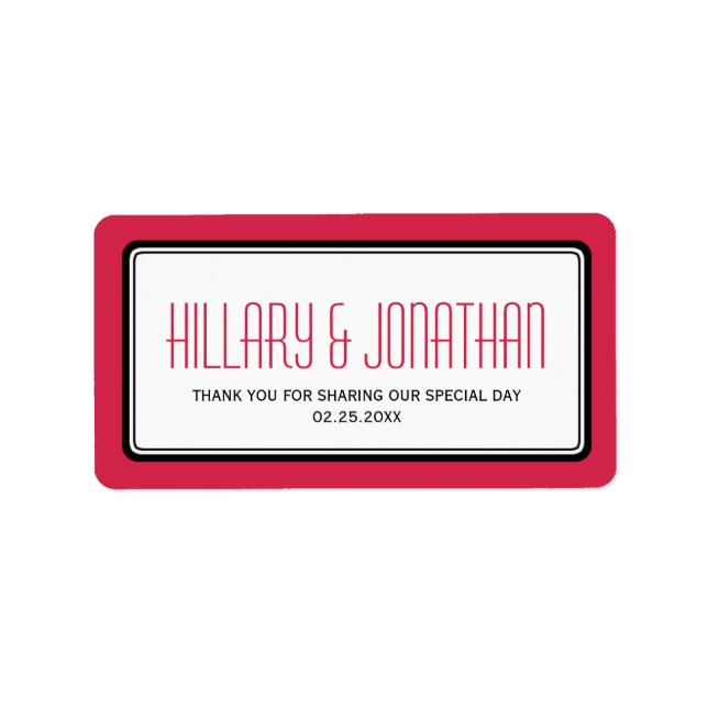 Red black rectangular frame wedding favour labels (Front)