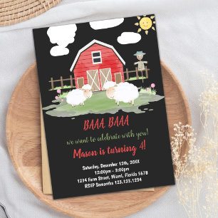 Red Black Red Farm Animals Birthday Invitations