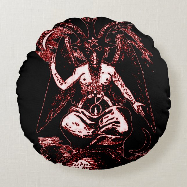 Red & Black Reversible Dark God Baphomet Round Cushion (Front)