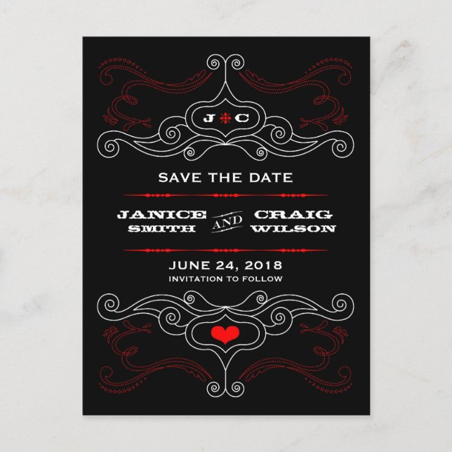 Red & Black Rock 'n' Roll Music Themed Wedding Announcement Postcard (Front)