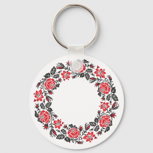 Red & Black Rose circle cross-stitch Pattern Key Ring (Front)