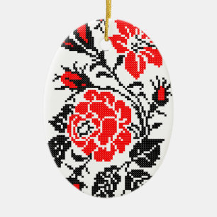 Red&Black Rose cross-stitch Russian Pattern Ceramic Tree Decoration