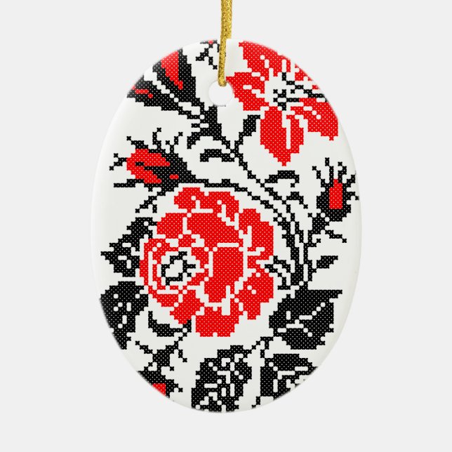 Red&Black Rose cross-stitch Russian Pattern Ceramic Tree Decoration (Front)