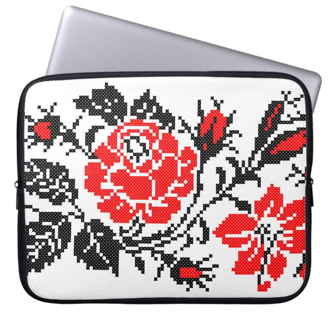 Red&Black Rose cross-stitch Russian Pattern Laptop Sleeve (Front)