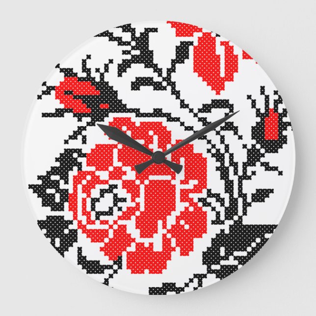 Red&Black Rose cross-stitch Russian Pattern Large Clock (Front)