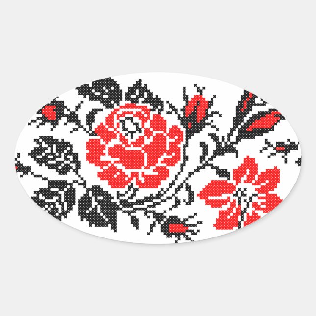 Red&Black Rose cross-stitch Russian Pattern Oval Sticker (Front)