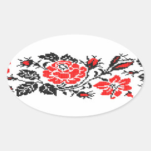 Red&Black Rose cross-stitch Russian Pattern Oval Sticker