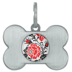 Red&Black Rose cross-stitch Russian Pattern Pet ID Tag