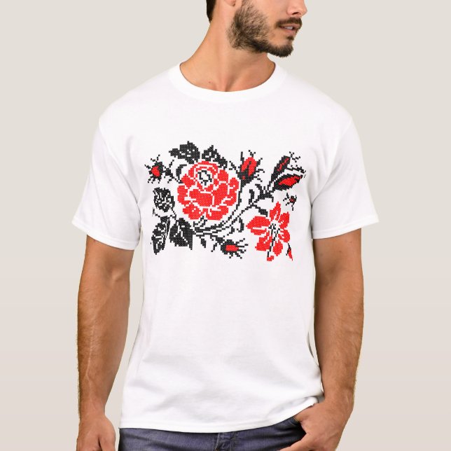 Red&Black Rose cross-stitch Russian Pattern T-Shirt (Front)