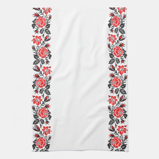 Red&Black Rose cross-stitch Russian Pattern Tea Towel (Vertical)
