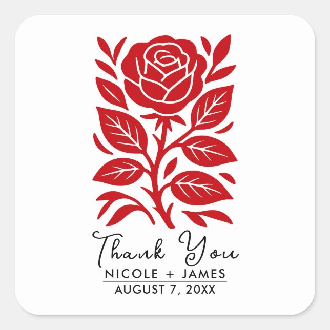 Red & Black Rose Floral Modern Bridal Shower Square Sticker (Front)