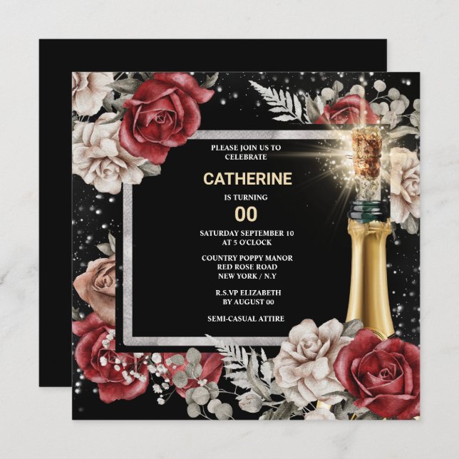 Red black rose floral sparkling wine any age party invitation (Front/Back)