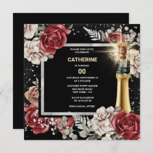 Red black rose floral sparkling wine any age party invitation