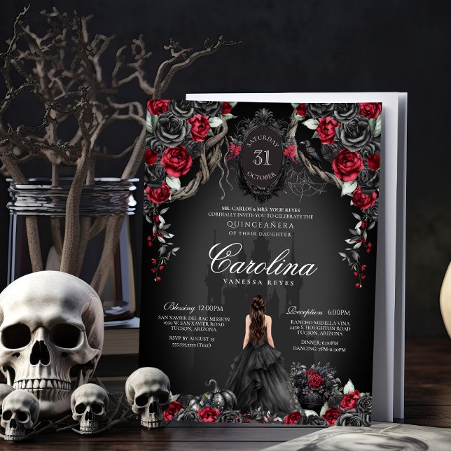 Red Black Rose Gothic Haunted Castle Quinceanera Invitation (Creator Uploaded)