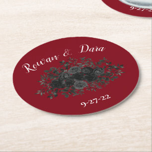 Red Black Rose Gothic Wedding Round Paper Coaster