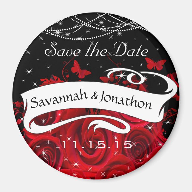 Red Black Rose Heart Save the Date Under Stars Magnet (Front)