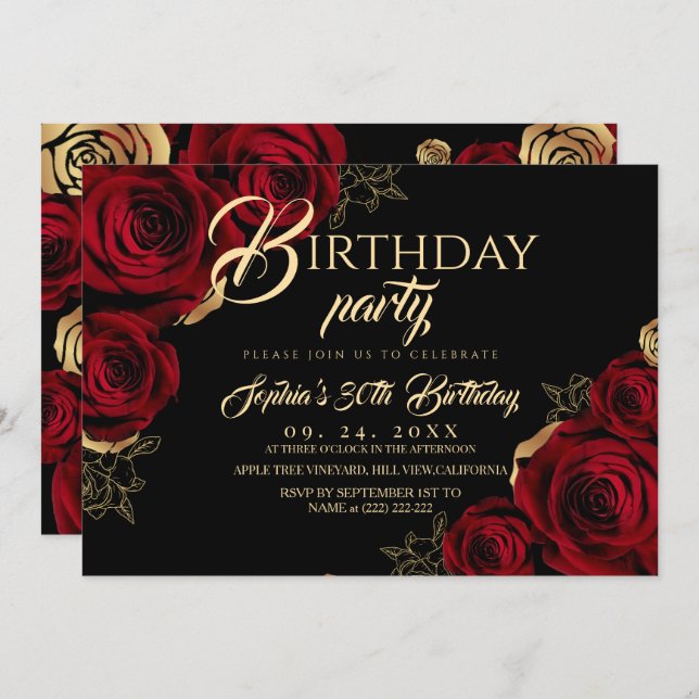 Red Black Roses Birthday Party Invitation (Front/Back)