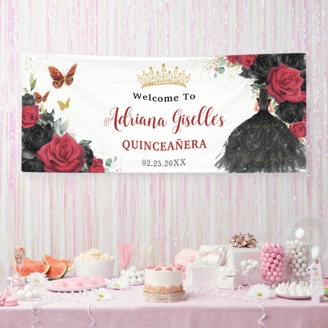 Red Black Roses Floral Butterflies Quinceañera 15 Banner (Party)