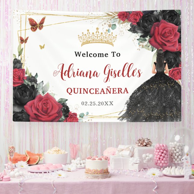 Red Black Roses Floral Butterflies Quinceañera XV  Banner (Party)