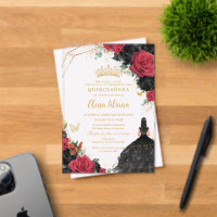 Red Black Roses Floral Dress Gold Quinceañera XV