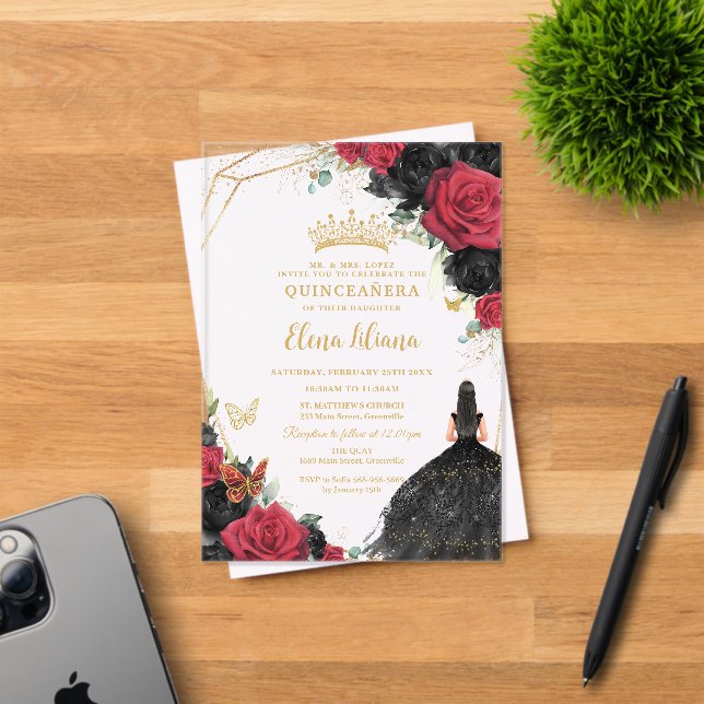 Red Black Roses Floral Dress Gold Quinceañera XV Acrylic Invitations (Insitu (Invitation Card))