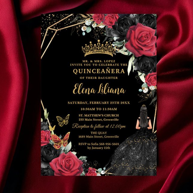Red Black Roses Floral Dress Gold Quinceañera XV Invitation (Creator Uploaded)