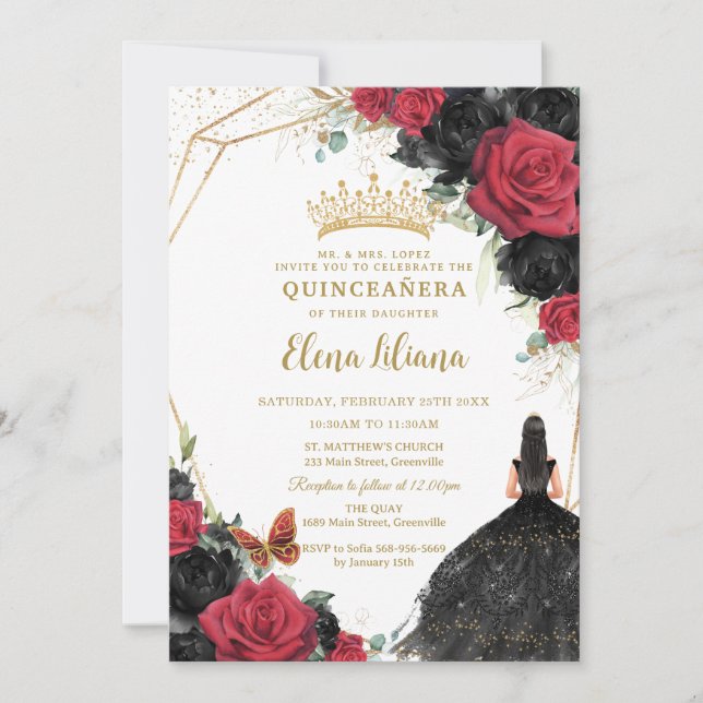 Red Black Roses Floral Dress Silver Quinceañera Invitation (Front)