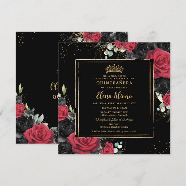 Red Black Roses Floral Gold Quinceanera Sweet 16 Invitation (Front/Back)