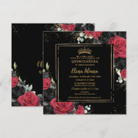 Red Black Roses Floral Gold Quinceanera Sweet 16