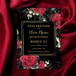 Red Black Roses Floral Gold Quinceanera Sweet 16 Save The Date<br><div class="desc">Personalise this elegant Quinceanera / Sweet 16 Birthday save the date easily and quickly. Simply click the Edit Using Design Tools button to edit the text, change fonts and fonts colours. Featuring beautiful vibrant red and black roses floral against a dark black background. Also available in a digital instant download...</div>