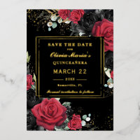 Red Black Roses Floral Quinceanera Save the Date
