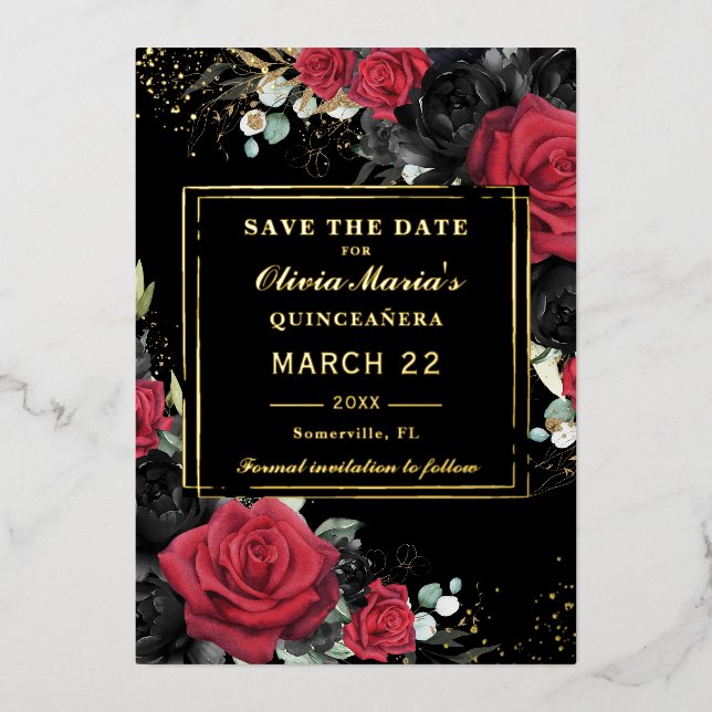 Red Black Roses Floral Quinceanera Save the Date (Front)
