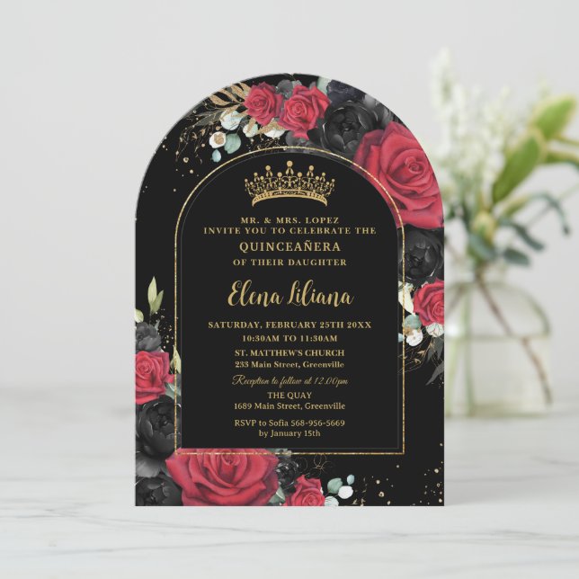 Red Black Roses Floral Quinceanera Sweet 16 Arch Invitation (Standing Front)