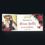 Red Black Roses Floral Quinceañera Sweet 16 Photo Banner<br><div class="desc">Coordinate your party with this elegant personalised vibrant Red and Black Roses Floral Backdrop Banner! Personalise it easily and quickly, simply click the Edit Using Design Tools button to further edit the text, change font styles, font colours, re-arrange your photograph, move and remove some images. Featuring a space to place...</div>