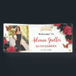 Red Black Roses Floral Quinceañera Sweet 16 Photo Banner<br><div class="desc">Coordinate your party with this elegant personalised vibrant Red and Black Roses Floral Backdrop Banner! Personalise it easily and quickly, simply click the Edit Using Design Tools button to further edit the text, change font styles, font colours, re-arrange your photograph, move and remove some images. Featuring a space to place...</div>