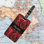 Red black roses flowers luggage tag<br><div class="desc">Black background decorated with red roses with faux gold glitter on the front.  Personalise and add a name. Your contact information on the back.</div>