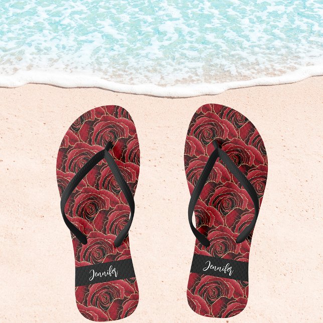 Red black roses flowers name script flip flops (Creator Uploaded)