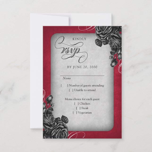 Red Black Roses Gothic Wedding RSVP Card (Front)